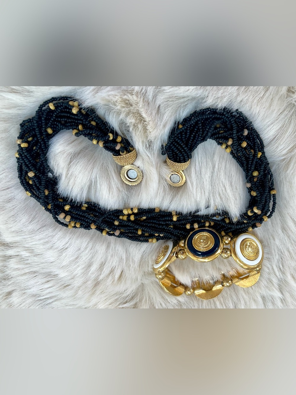 Black and Gold Seed Bead Multi-Strand Necklace and Coin Bracelet